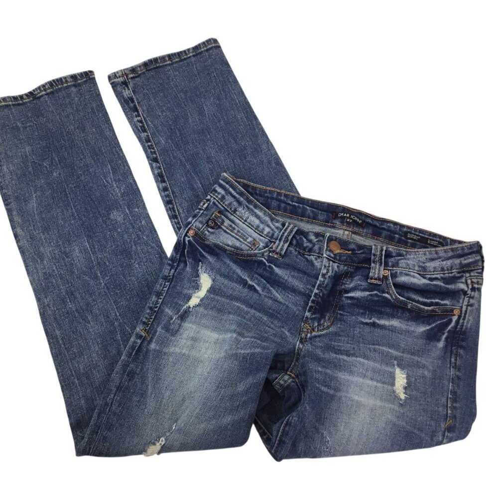 Dear John Playback Cuffed Cropped Straight Leg Jeans Sz 27 Blue Denim Distressed